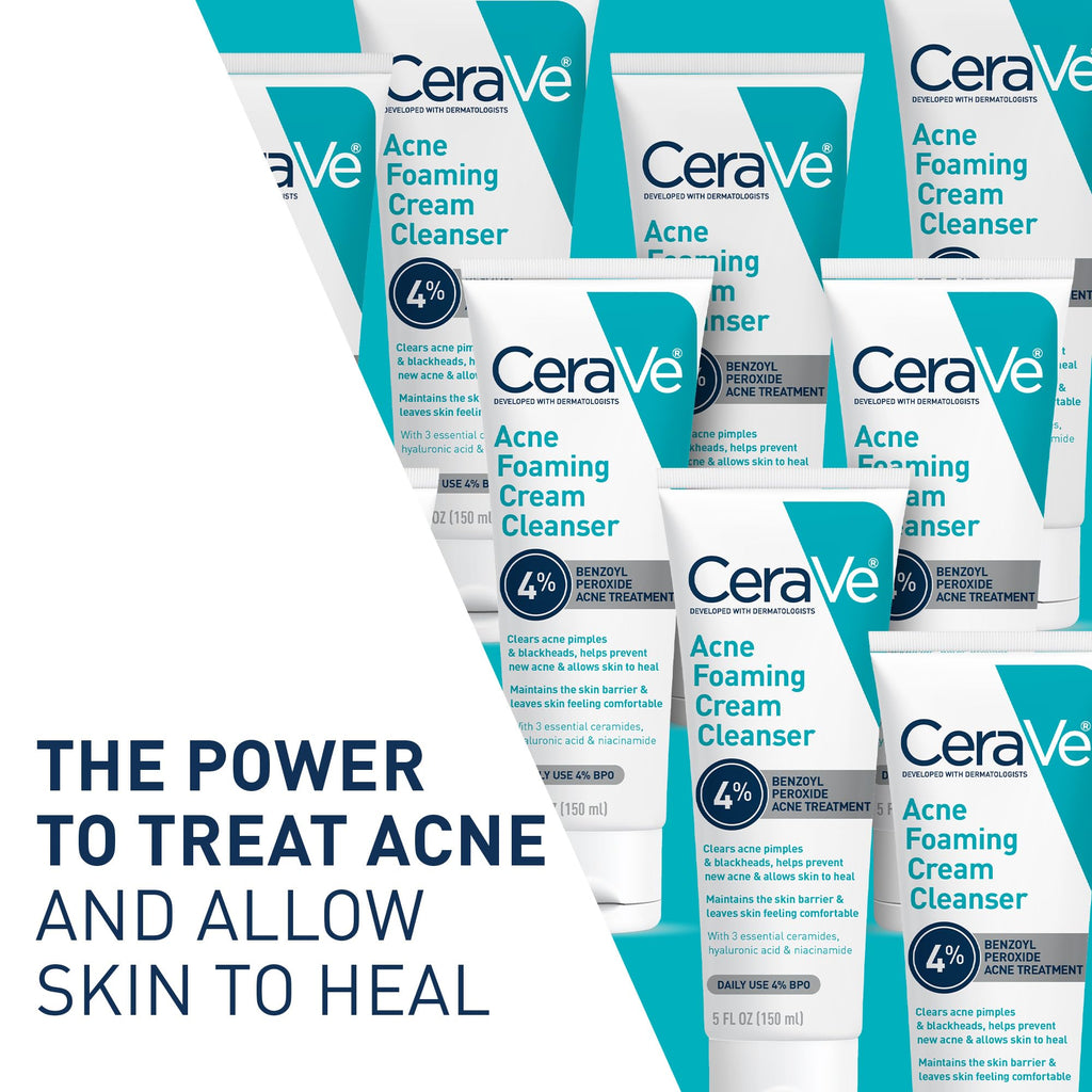 CeraVe Foaming Acne Cream Cleanser, Face Wash with 4% Benzoyl Peroxide, 5oz | Skin Care, Hyaluronic Acid, Niacinamide, Facial Cleanser, Acne Treatment For Face, Face Care, Gentle Cleanser, Ceramides
