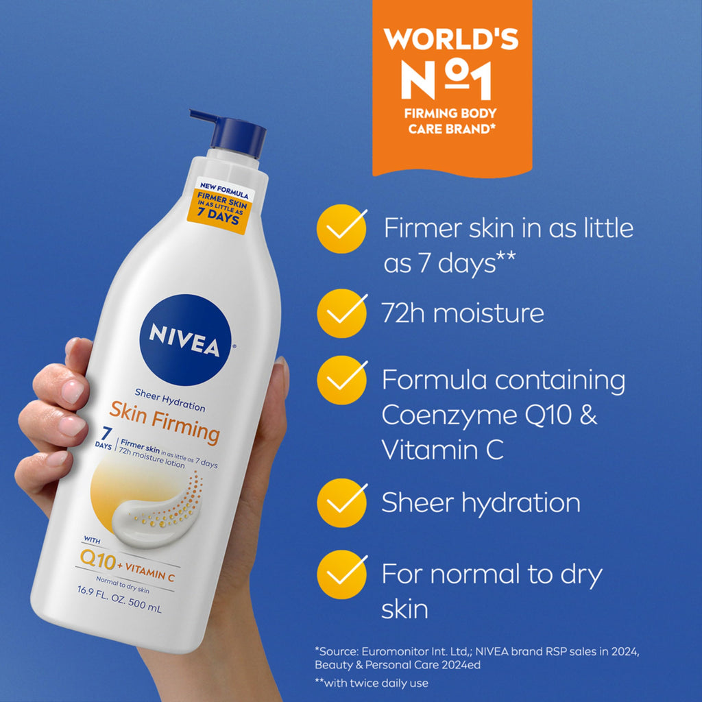 Buy now NIVEA Sheer Hydration Skin Firming Body Lotion with Q10 and Vitamin C, 72-Hour Body Moisturizer for Normal to Dry Skin, 16.9 Fl Oz Pump Bottle, Pack of 3 at indiglob india