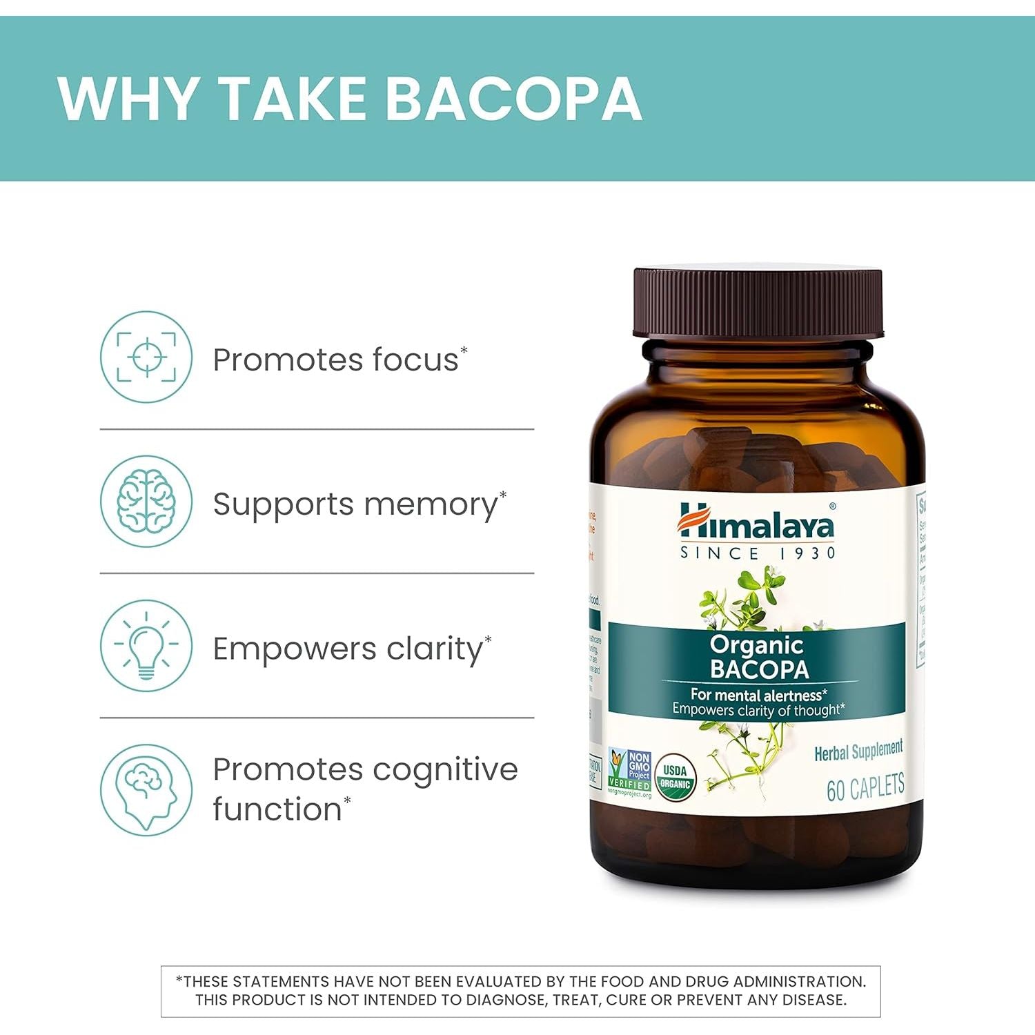 Buy now Himalaya Bacopa Monnieri Nootropic Herbal Supplement, Supports Calm, Memory, Cognition, USDA Certified Organic, Non-GMO, 750 mg, 60 Plant-Based Caplets, 60 Day Supply at indiglob india