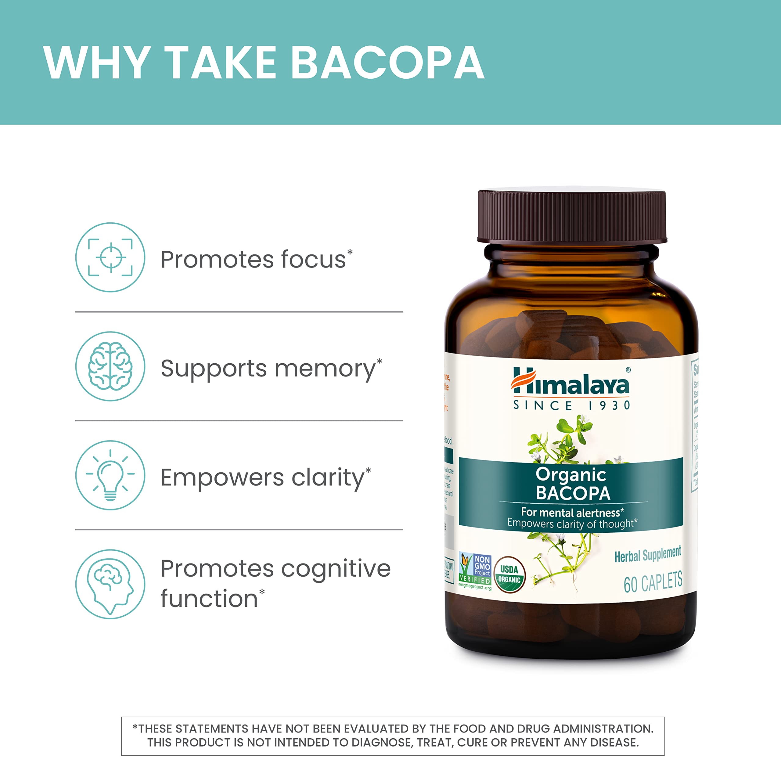 Himalaya USDA Organic Bacopa Monnieri Supplement,750 mg,60 Caplets | For Mental Alertness, Supports Calm, Memory & Cognition, Nootropic Herbal Supplement, Bacopa Extract Brahmi - Non-GMO, Vegan
