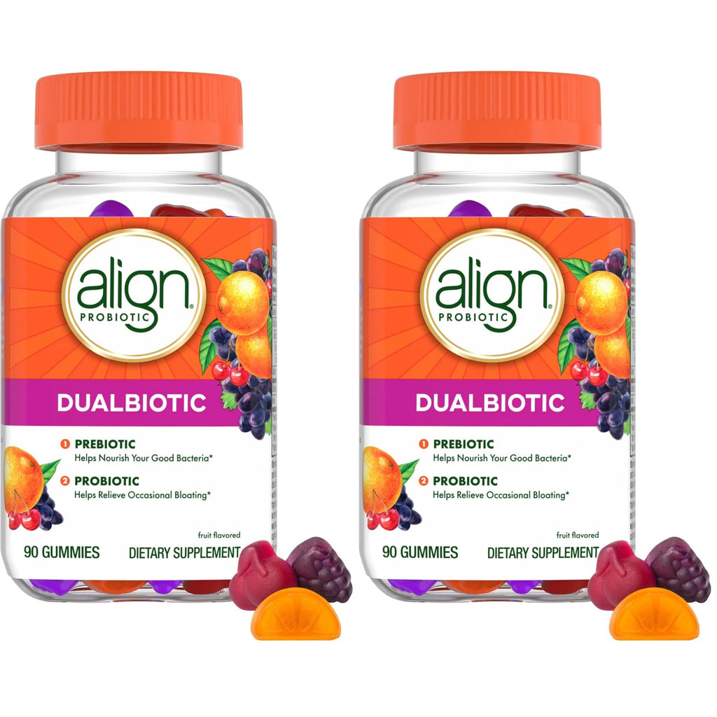 Align Dualbiotic, Prebiotics and Probiotics for Women and Men, Probiotics for Digestive Health, Prebiotics Help Nourish Good Bacteria, Natural Fruit Flavors, 90 Probiotic Gummies (Packaging May Vary)