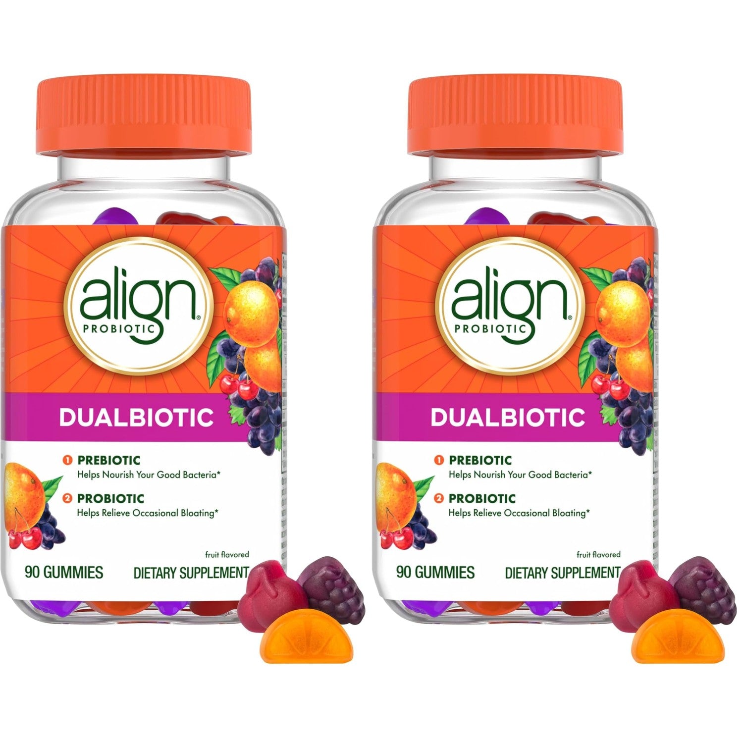 Align Dualbiotic, Prebiotics and Probiotics for Women and Men, Probiotics for Digestive Health, Prebiotics Help Nourish Good Bacteria, Natural Fruit Flavors, 90 Probiotic Gummies (Packaging May Vary)