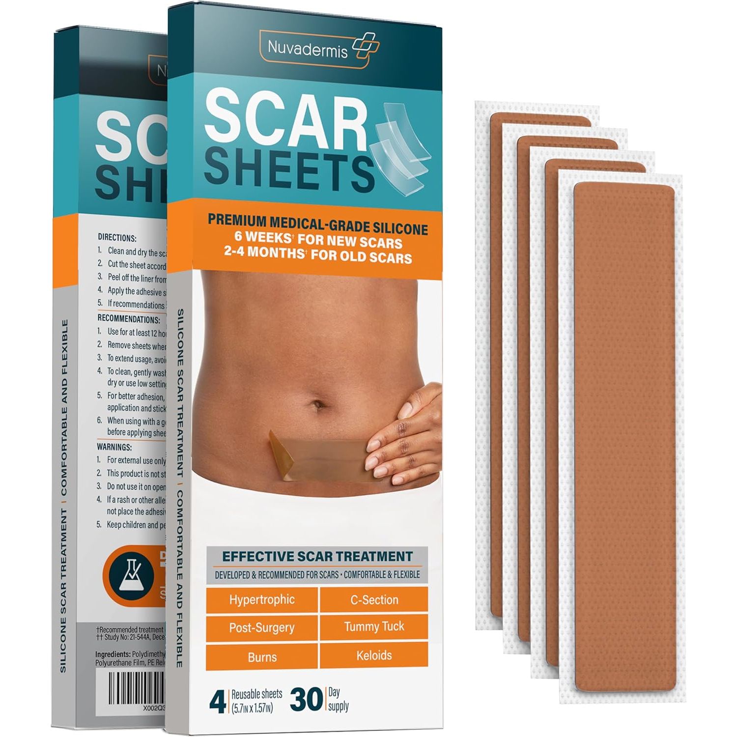 Buy now NUVADERMIS Silicone Scar Sheets - Extra Long Scar Sheets for C-Section, Tummy Tuck, Keloid, and Surgical Scars - Reusable Medical Grade Silicone Scar Sheets - Pack of 4 - Light Tone Sheets Medium - 4 Pack at indiglob india