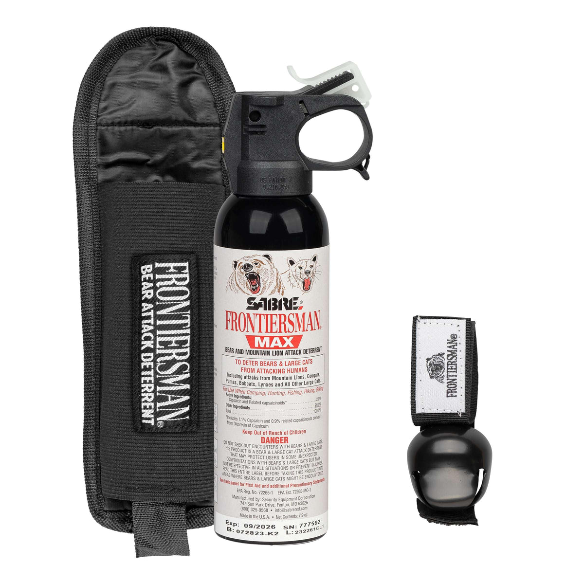 Sabre Frontiersman MAX Bear Spray & Mountain Lion Deterrent, Holster, Bell Kit – 40‑Foot Range, Max Strength 2% Major Capsaicinoids, EPA‑Registered, Self Defense for Hiking, Camping & Hunting, 7.9 oz