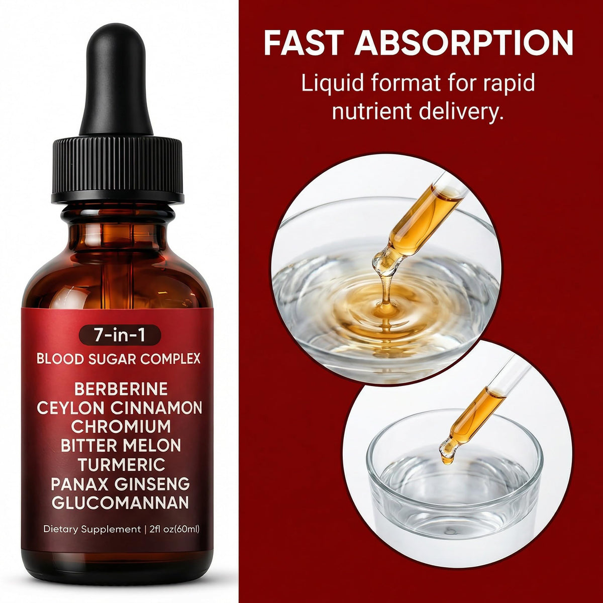 7-in-1 Complex Liquid Drops - Berberine with Ceylon Cinnamon, Chromium, Bitter Melon, Turmeric, Panax Ginseng & Glucomannan, Herbal Metabolic Support Supplement - 2fl oz