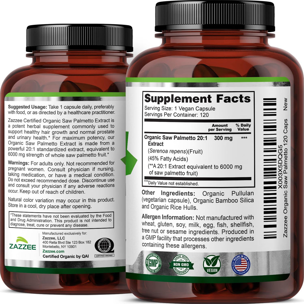 Zazzee USDA Organic Saw Palmetto 20:1 Extract, 40% Fatty Acids, Vegan