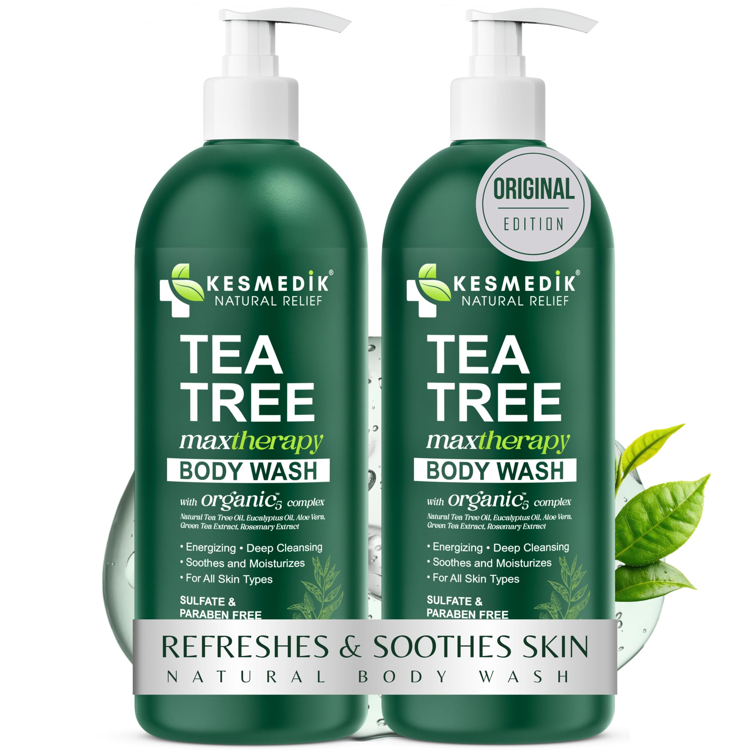 KESMEDIK Tea Tree Body Wash with 100% Tea Tree Oil for Skin, 2-Pack | MaxTherapy Body Soap with Tea Tree, Aloe & Eucalyptus, Cleans, Soothes & Refreshes Sensitive, Itchy Skin for Men & Women