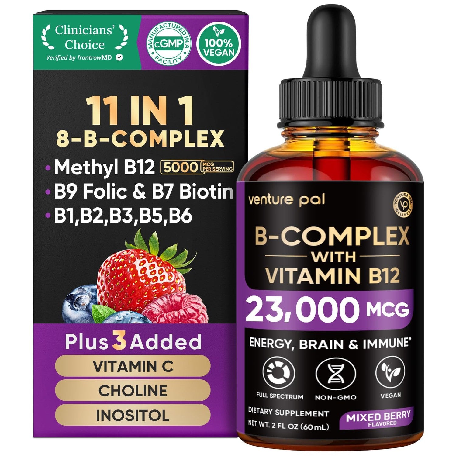 Vitamin B Complex 23000mcg - Methyl B12| B9 Folic|B7 Biotin,B1,B2,B3,B5,B6 | Vitamin B Complex Liquid Drops for Men & Women with Vitamin C, Choline & Inositol for Energy, Immune & Brain Support - 2Oz