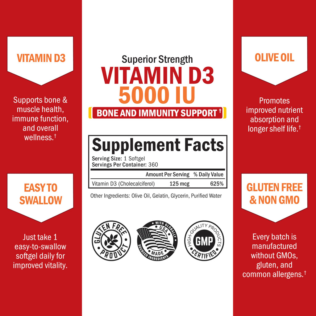 Vitamin D3 5000 IU (125 mcg) Supplement, 360 Softgels