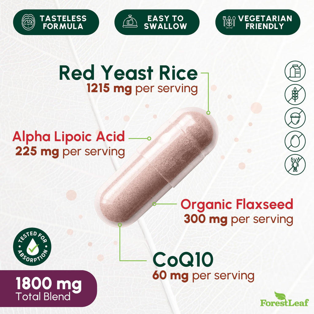 Red Yeast Rice with CoQ10 Supplement - 1215mg Extra Strength Red Yeast Rice Capsules with Alpha Lipoic Acid & Organic Flaxseed, Citrinin Free - 180 Capsules