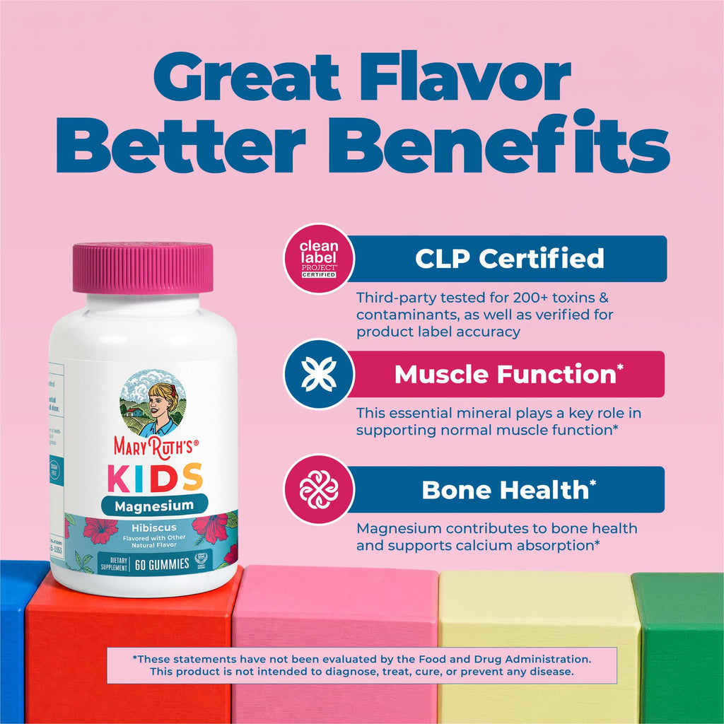 MaryRuth's Kids Magnesium Gummies, 50mg Magnesium Citrate for Kids 4+, 60ct | Bone Health, Calcium Absorption, Essential Mineral, Vegan, CLP Certified, Sugar Free, 60 Count