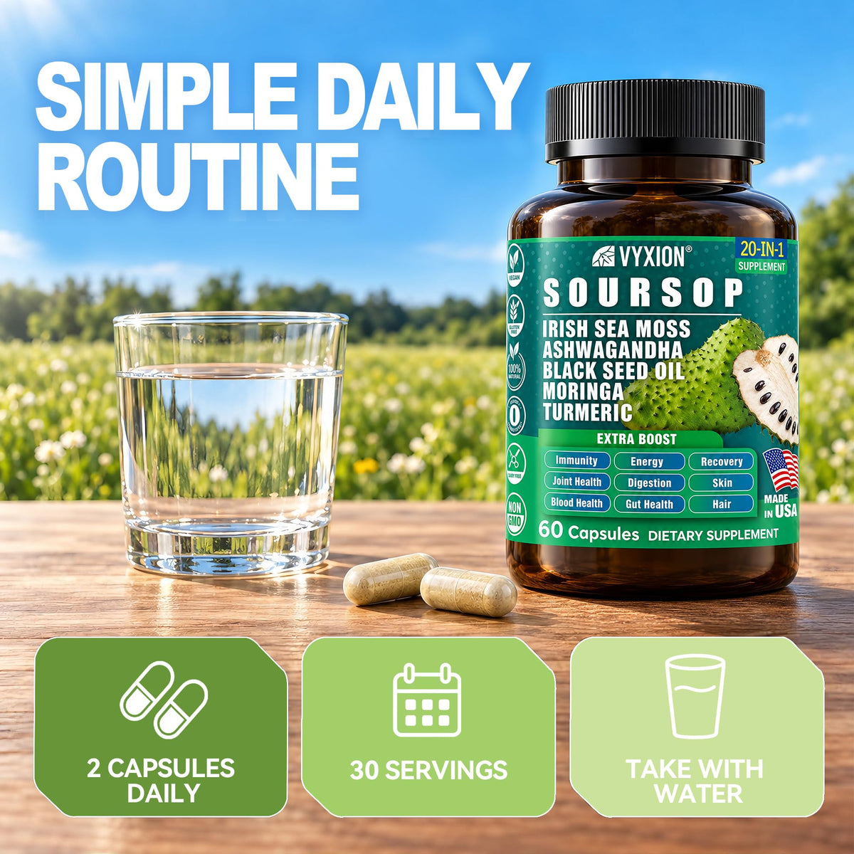 Soursop Graviola Supplement with Sea Moss, Moringa, Turmeric, Black Seed Oil, Oregano, Ashwagandha | 20-in-One Herbal extracts for Overall Health-Enhancing | Vegan, Non-GMO | 60 Capsules