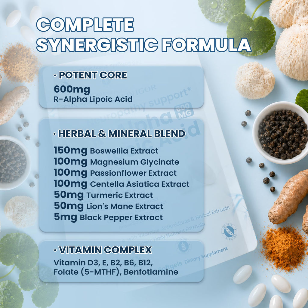R-Alpha Lipoic Acid 600mg | 240 Softgels | Neuropathy Supplements with Active B-Vitamins, Magnesium Glycinate & Herbal Extract Blend | Support Nervous System Health | Non-GMO, Gluten-Free
