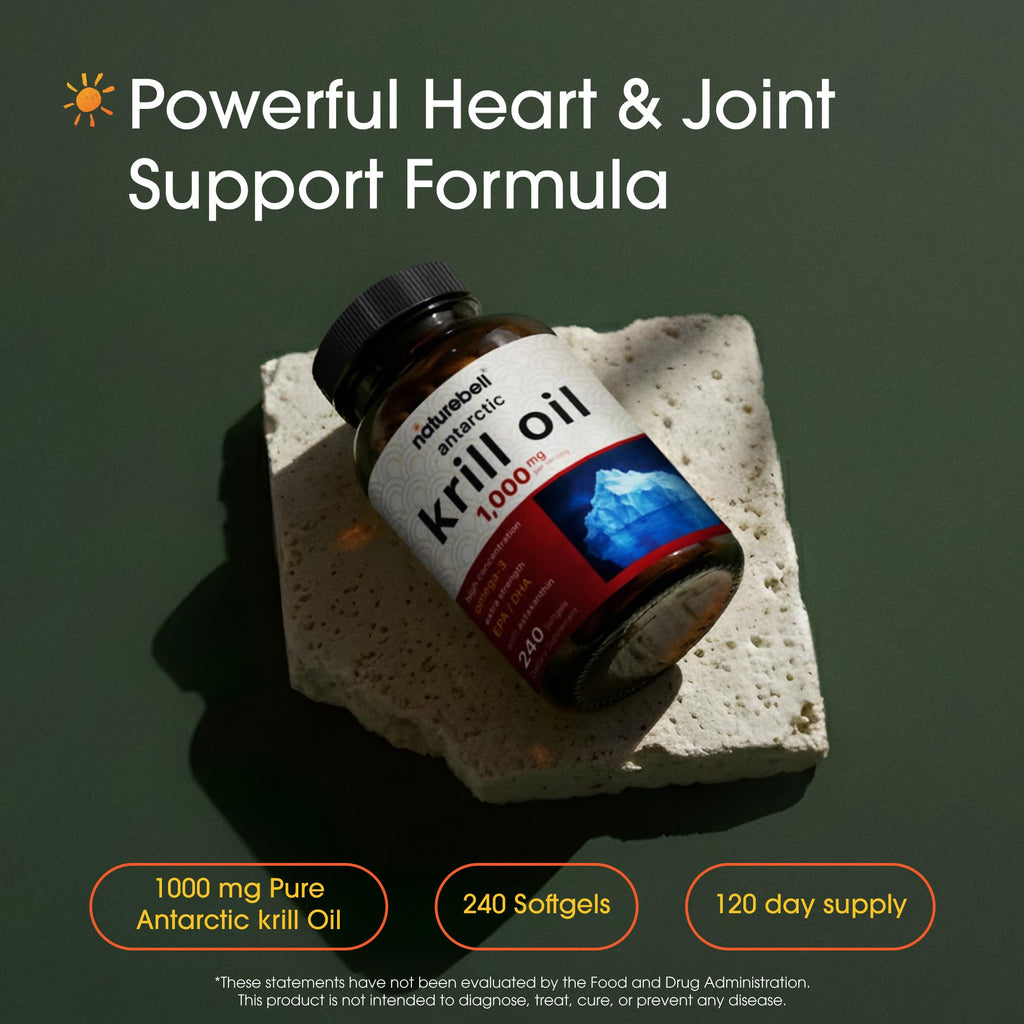 NatureBell Antarctic Krill Oil 1,000mg - 240 Softgels - Omega-3 Heart, Joint & Immune Health Support* - High EPA DHA with Astaxanthin - Non-GMO & Gluten-Free