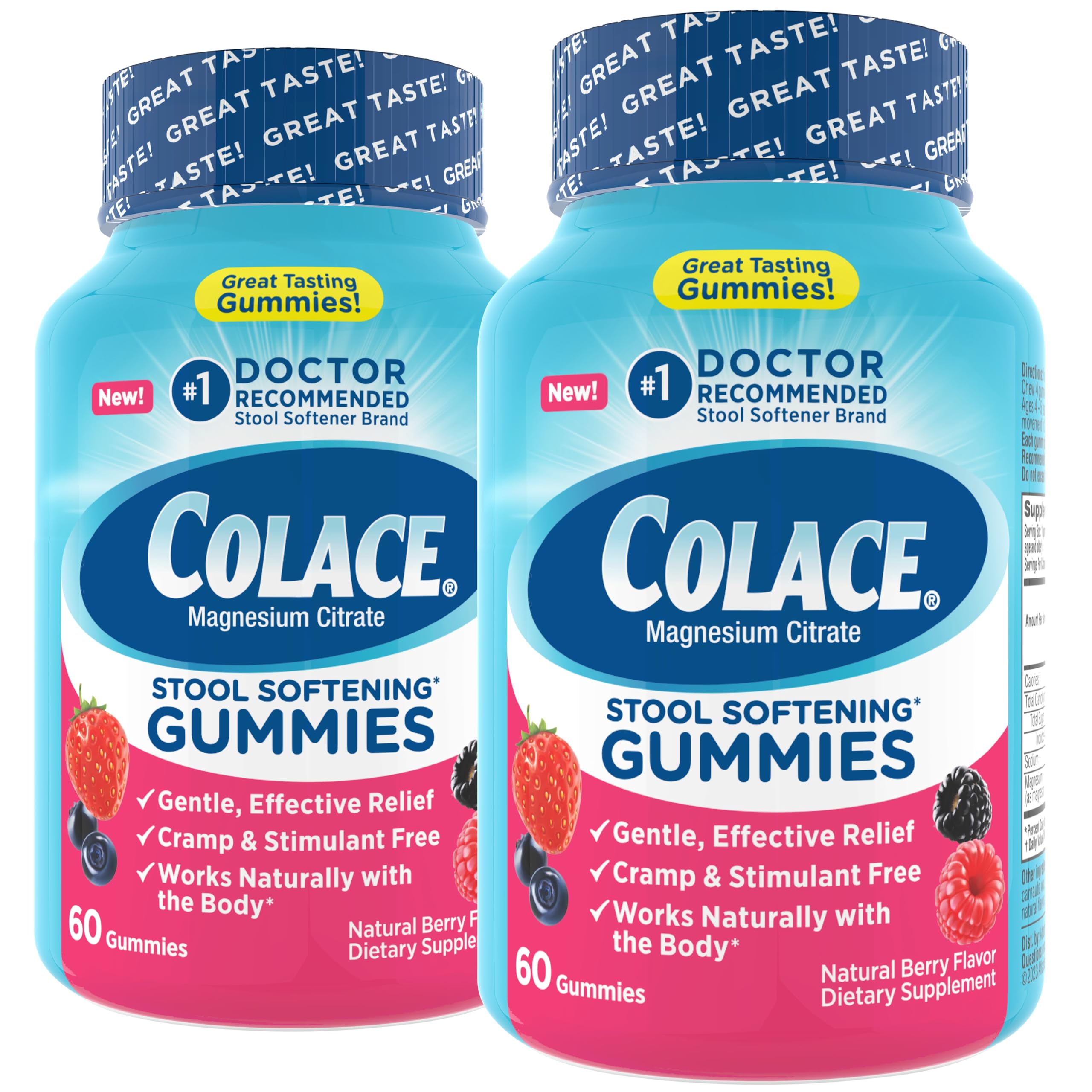 Colace Stool Softener Gummies, Constipation Relief, Berry, 60 Ct, Pack of 2 | No.1 doctor recommended stool softener brand, Gentle dependable, magnesium citrate gummies