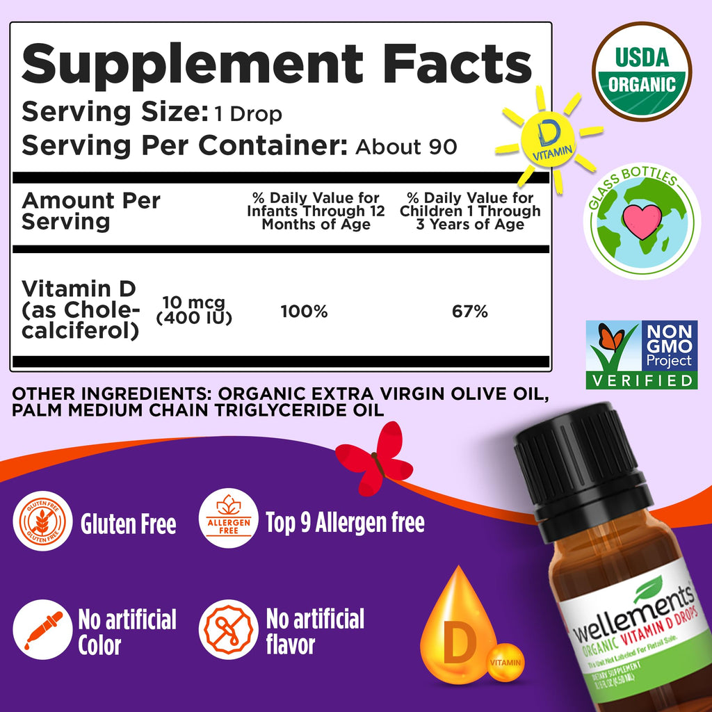 Wellements Organic Baby Vitamin D3 Liquid Drop 400IU Newborn+ 90 Day Supply | Certified Newborn+ Liquid Vitamin D3 Drops, Support Healthy Growth & Bone Development 400 IU per Drop (1 Drop Daily)