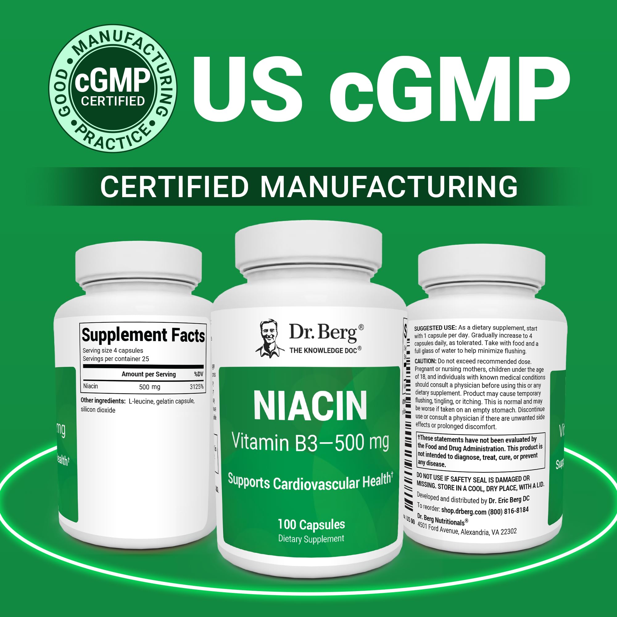 Dr. Berg Highly-Potent Niacin 500 mg – Now Only 125 mg per Capsule for Niacin Flush Tolerance Building – Gradually Increase to 500mg a Day – Vitamin B3 for Heart, Brain & Energy Support – 100 Capsules