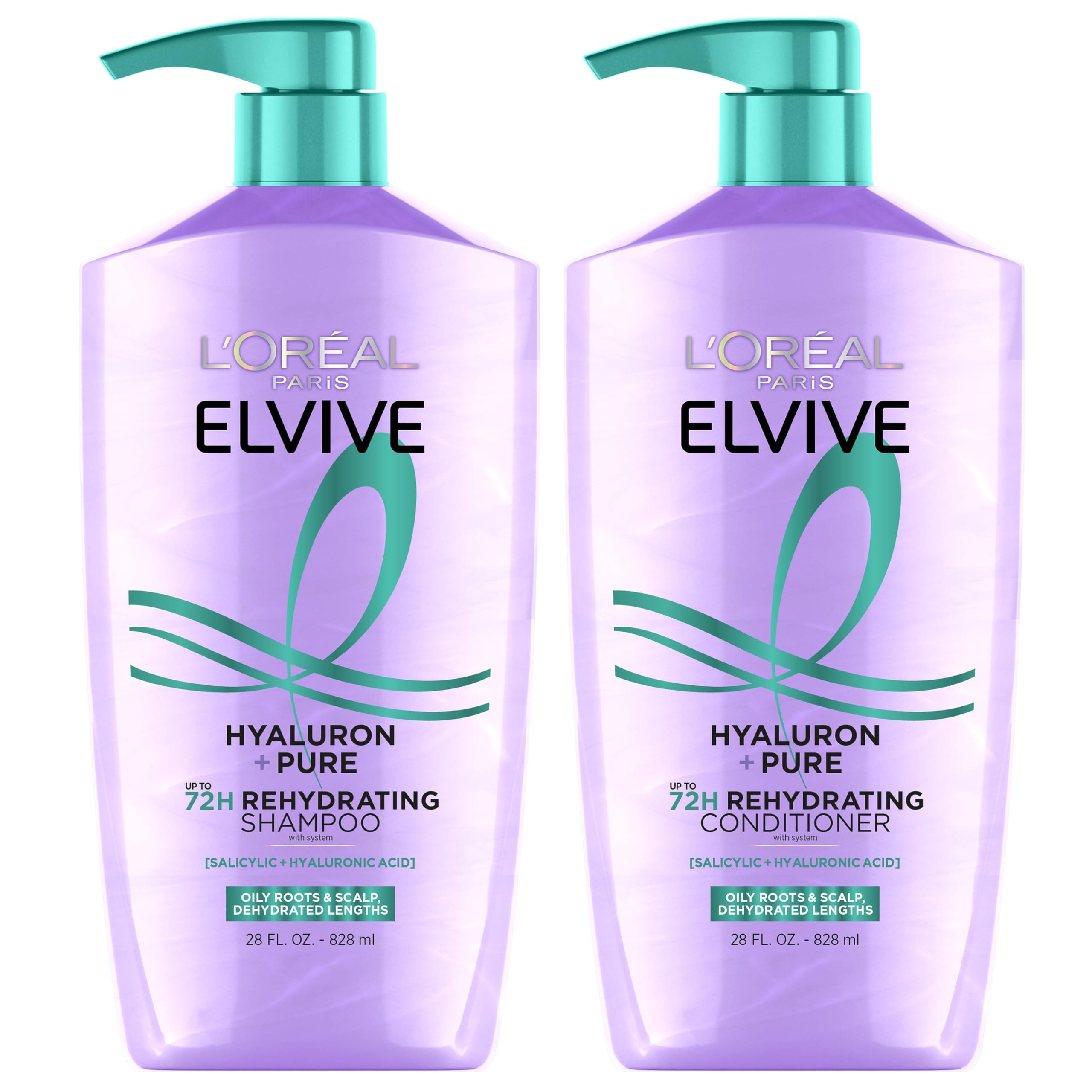 L'Oreal Paris Elvive Hyaluron + Pure Shampoo and Conditioner Set, Clarifying Shampoo and Rehydrating Conditioner with Salicylic Acid and Hyaluronic Acid, 56 Fl Oz Set