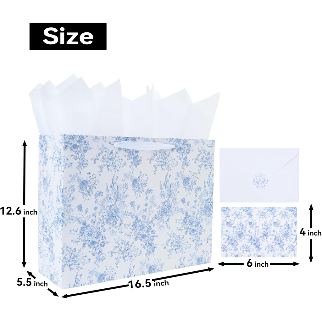 16.5" Extra Large Blue Floral Gift Bag Set with Handles, Greeting Card, White Tissue Papers and Stickers for Women Girls for Birthdays, Valentine's Day, Weddings, Anniversaries, Mother's Day, Flowers Design, 1 Pcs