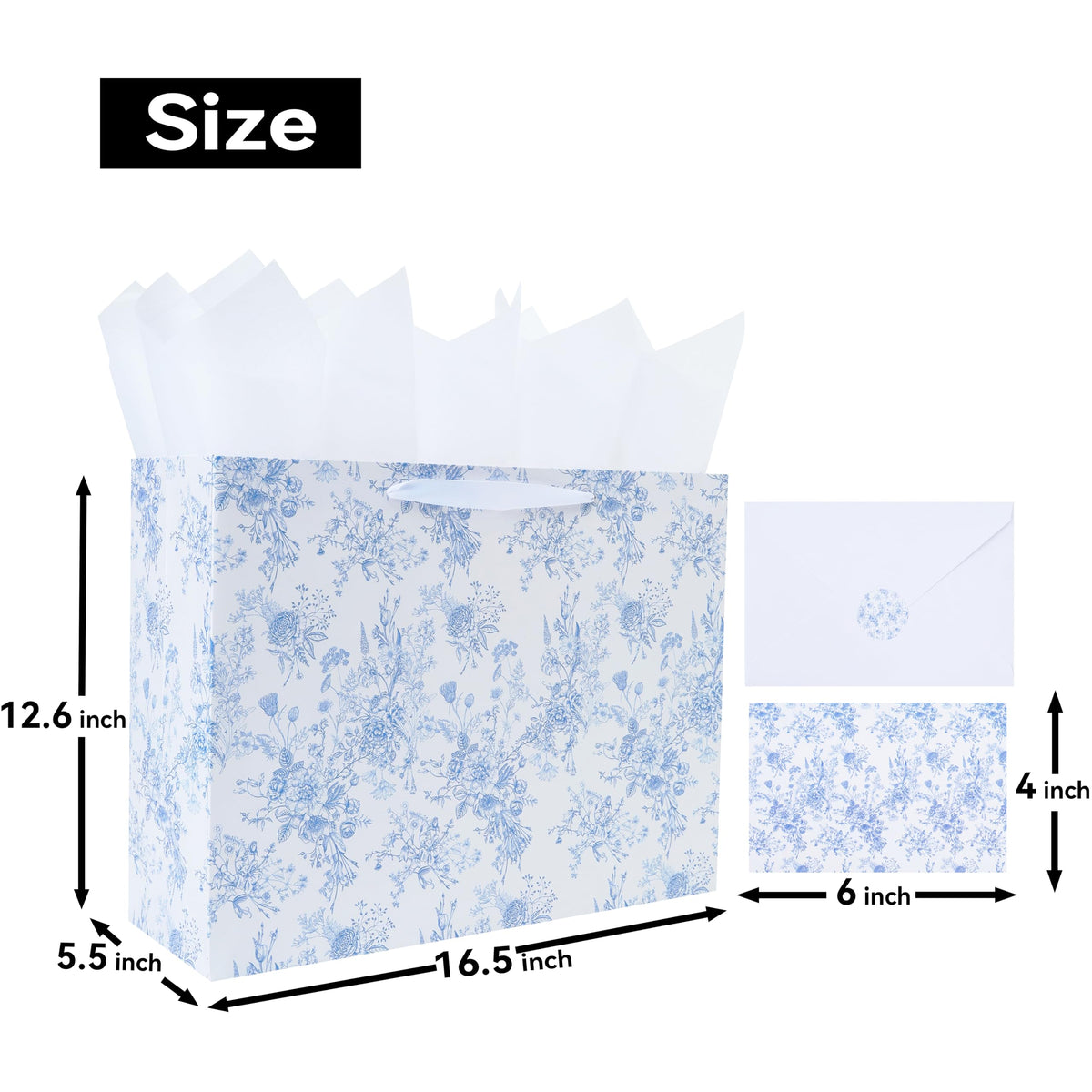 16.5" Extra Large Blue Floral Gift Bag Set with Handles, Greeting Card, White Tissue Papers and Stickers for Women Girls for Birthdays, Valentine's Day, Weddings, Anniversaries, Mother's Day, Flowers Design, 1 Pcs