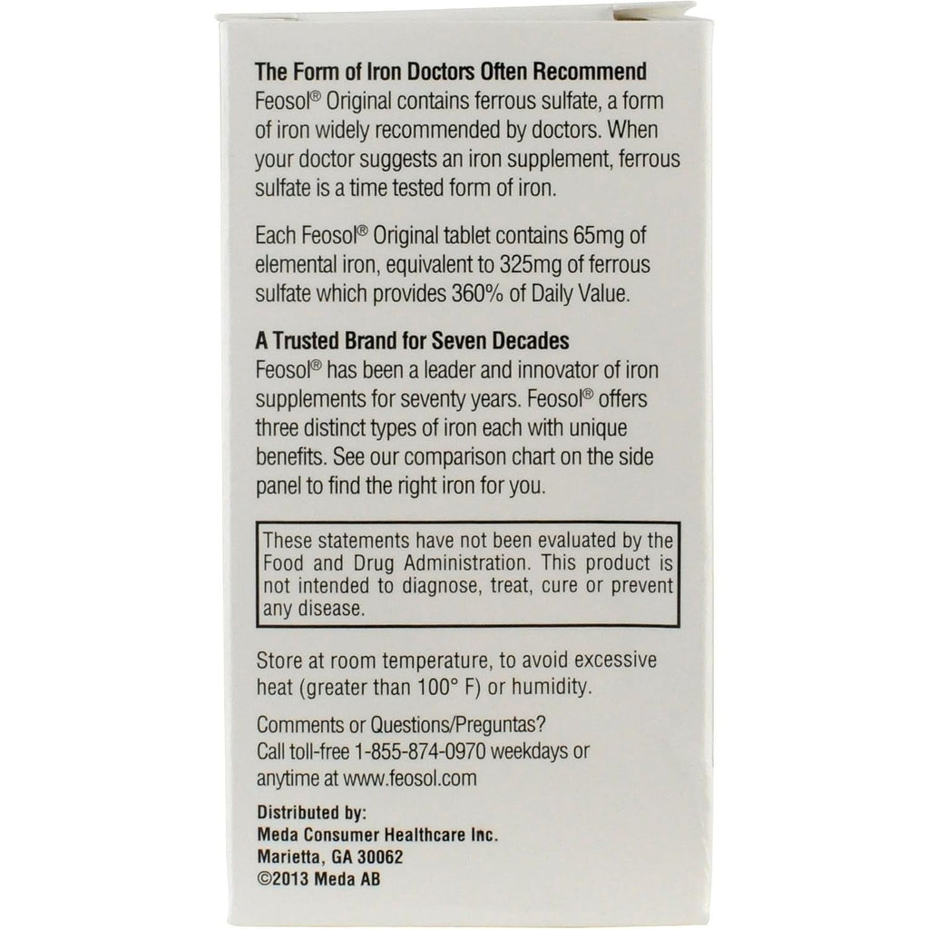 Buy now Feosol Original Iron Supplement Tablets, Non-heme, 325mg Ferrous Sulfate (65mg Elemental Iron) per Iron Pill, 1 Per Day, 120ct, 4 Month Supply, for Energy and Immune System Support, Made in USA at indiglob india