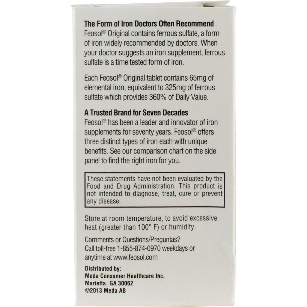Feosol Original Iron Supplement Tablets, Non-heme, 65mg Iron per Pill, 1 Per Day, 120ct, 4 Month Supply, for Energy and Immune System Support, Made in USA | Iron supplements for energy and immune system support, small coated ferrous sulfate tablets