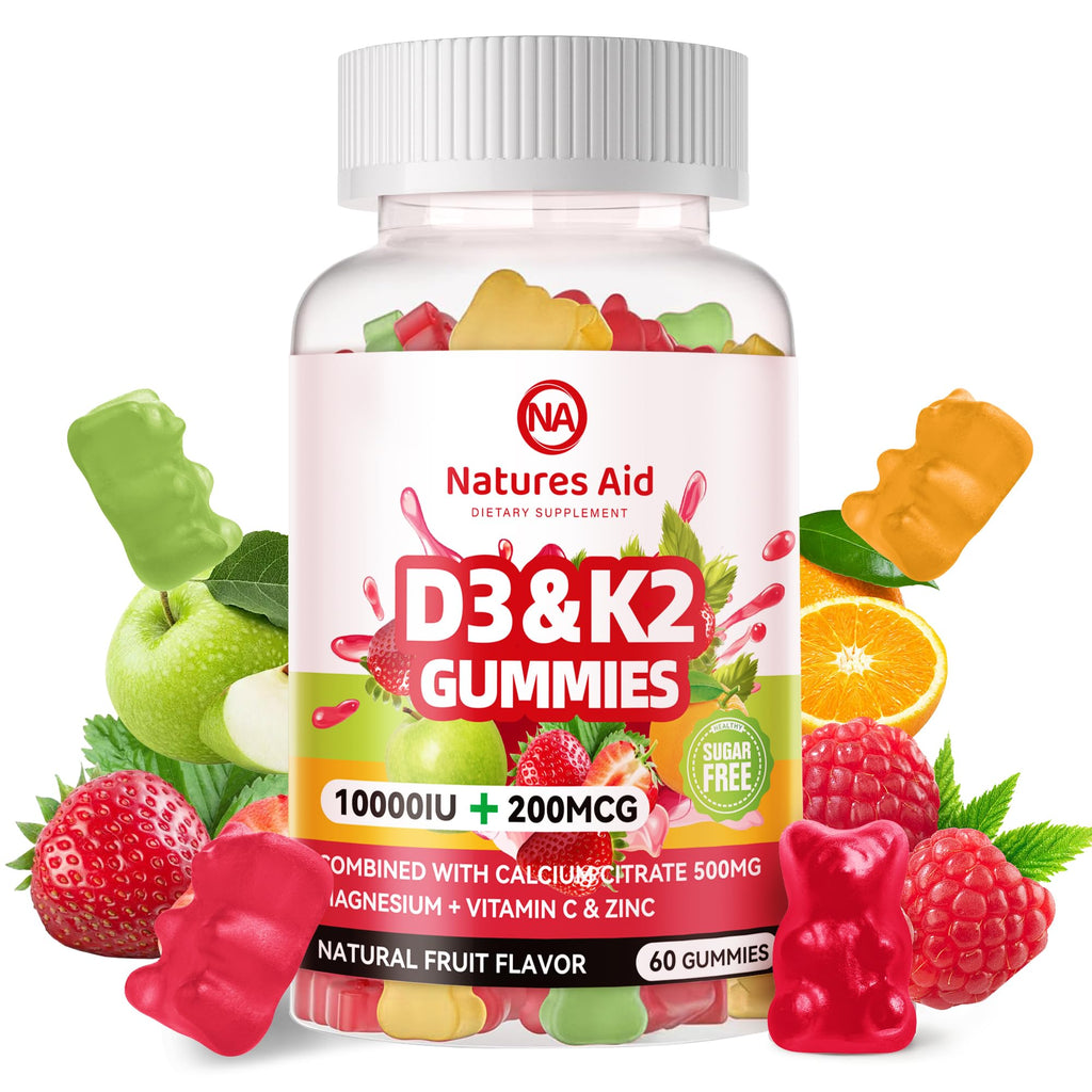 Natures aid Sugar-Free Vitamin D3 K2 Gummies with Calcium + K2 (MK-7), Magnesium Citrate, Vitamin C, Extra Strength - Ultimate Absorption for Bone Muscle Teeth Immune, Vegan - 120 Gummies