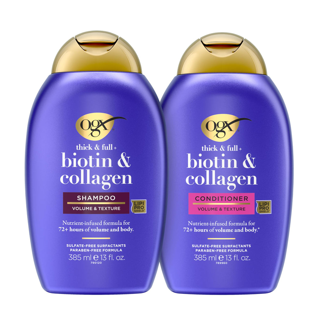 OGX Thick & Full + Biotin & Collagen Shampoo & Conditioner, 2 x 13 fl. oz | Shampoo & Conditioner Set, For Fine & Thinning Hair, Gives Volume & Body, Sulfate-Free, Nutrient-Infused, With Vitamin B7