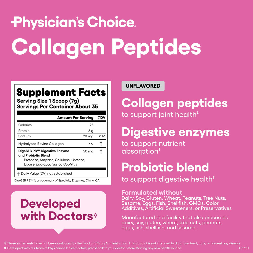 Physician's CHOICE Collagen Peptides Protein Powder, Grass Fed, 35 Servings | Hydrolyzed Collagen Protein, Grass Fed, Non-GMO, Unflavored, Supports Hair, Skin, Joint Health for Women & Men