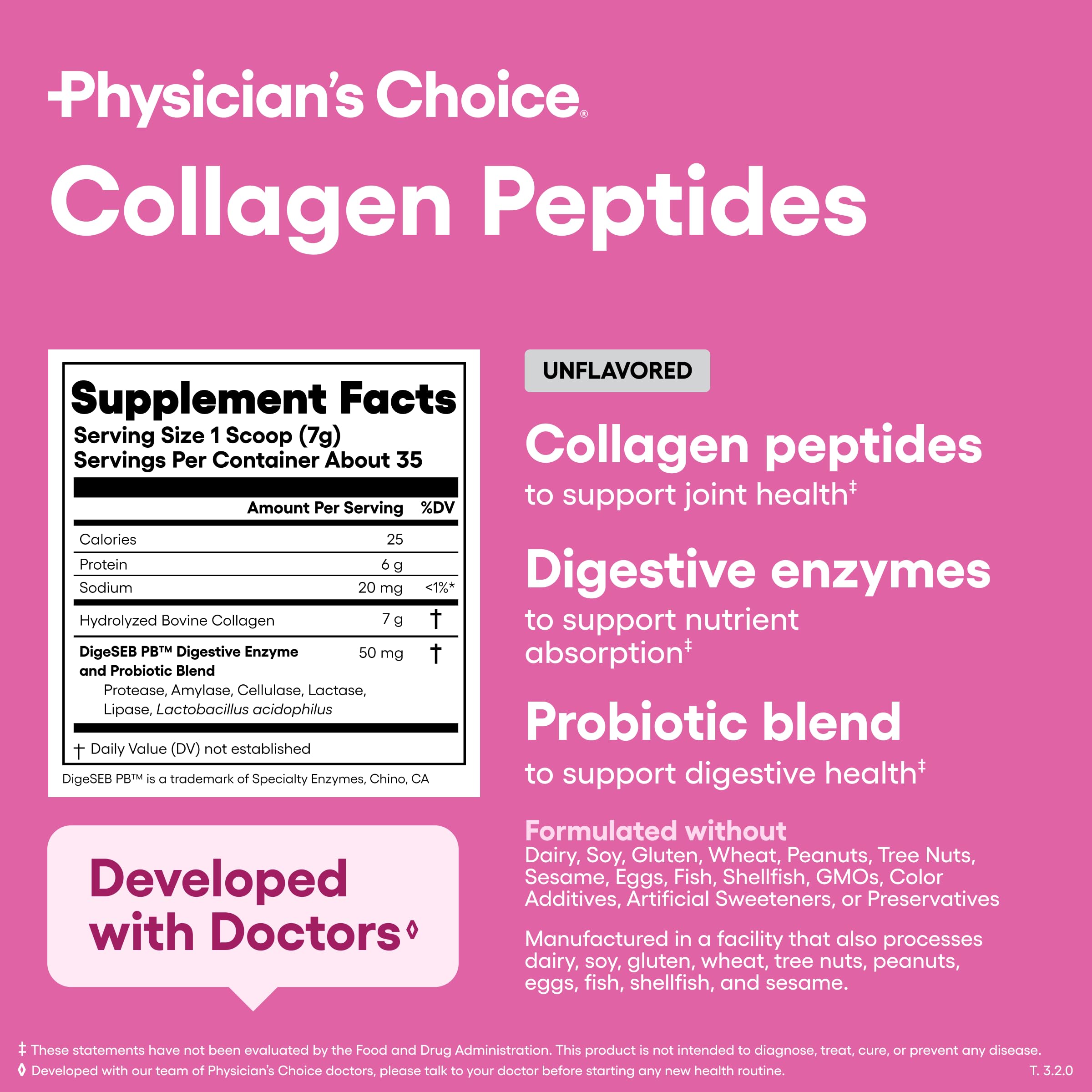 Physician's CHOICE Collagen Peptides Protein Powder, Grass Fed, 35 Servings | Hydrolyzed Collagen Protein, Grass Fed, Non-GMO, Unflavored, Supports Hair, Skin, Joint Health for Women & Men