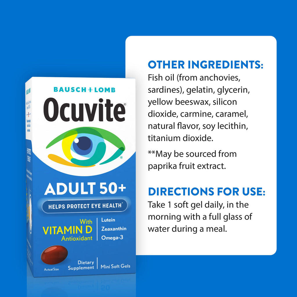 Ocuvite 50+ Eye Vitamins, Lutein & Zeaxanthin Supplement, 90 Softgels | Eye health supplement for adults 50+, omega-3, zinc, vitamins C & E, supports macular health*, men & women