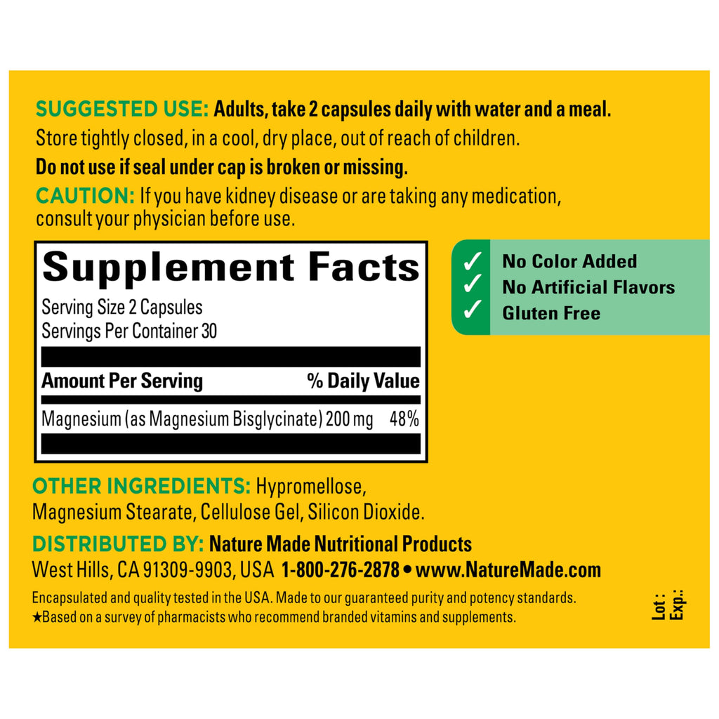 Nature Made Magnesium Glycinate 200 mg per Serving, 60 Capsules | High Absorption Magnesium Supplement for Muscle, Heart and Bone Support, Magnesium Bisglycinate Capsules, 30 Day Supply