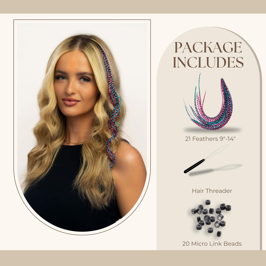 Premium imported set of 21 natural color hair extensions, 9-14 inches, includes hair threader and micro link beads.
