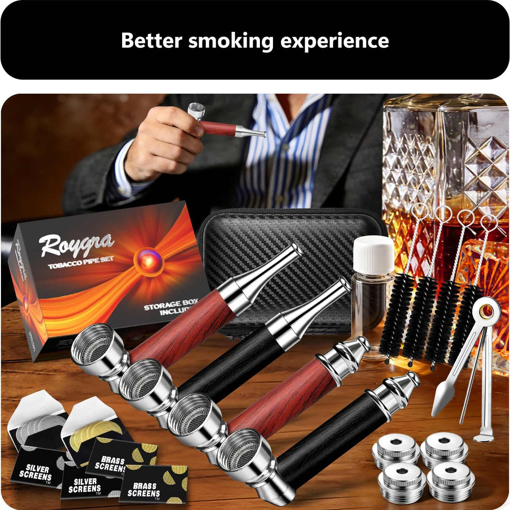 roygra 4PCS Tobacco Pipe Set, Complete Smoking Accessories, Wooden Texture