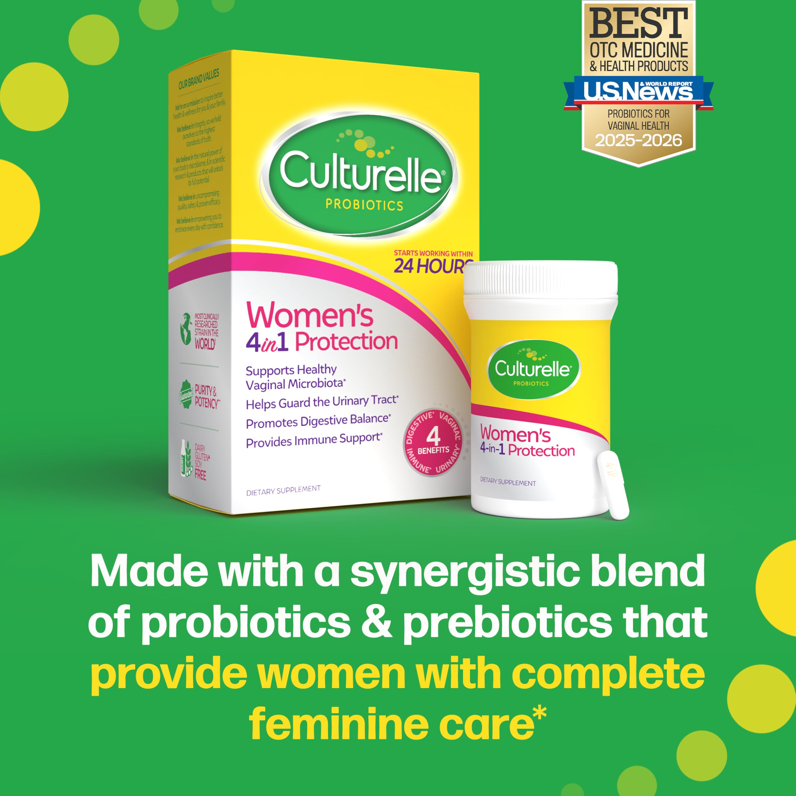 Culturelle Probiotics for Women with Prebiotics, 4-in-1 Benefits, 30 Count | 5 Strain Probiotic Blend, Vaginal, Urinary Tract, Digestive & Immune Plus Occasional Gas & Bloating Support*