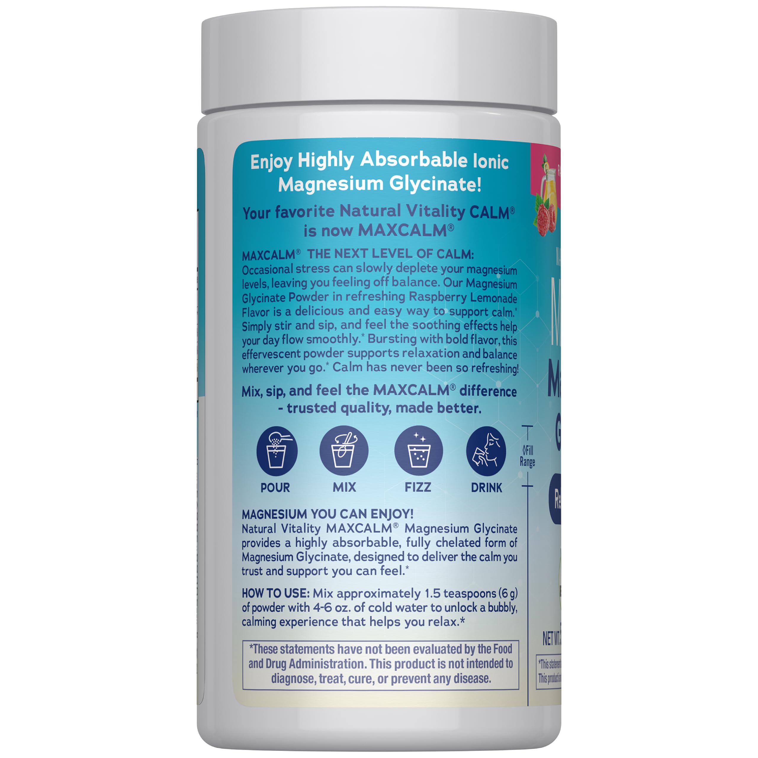 Natural Vitality MaxCalm Magnesium Glycinate Powder | Relaxing Drink Mix | Raspberry Lemonade Flavor | Non-GMO, Vegan & Gluten Free Supplement | 5oz