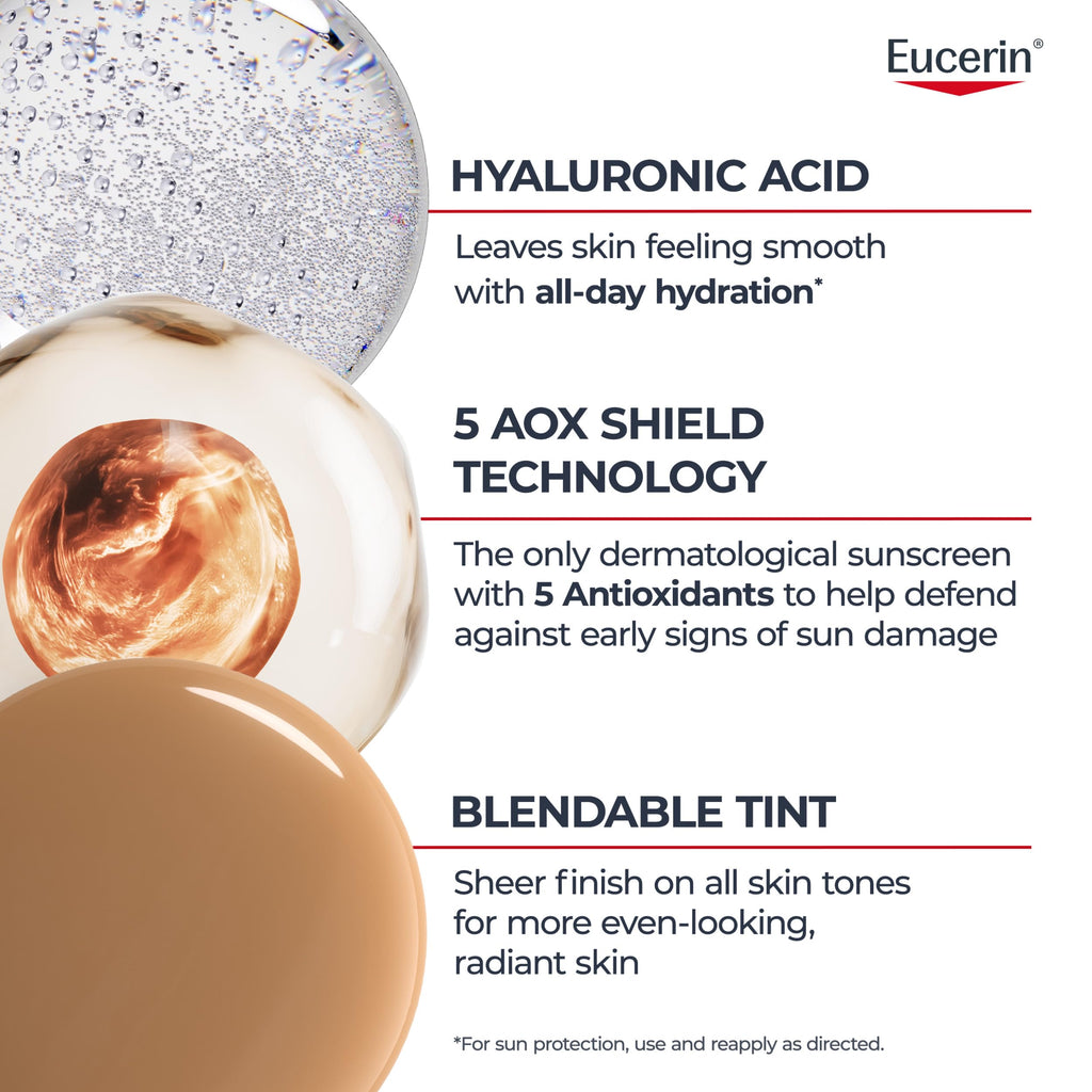 Eucerin Sun Age Defense Tinted Face Lotion SPF 50, 2.5 FL OZ | Universal Tinted Sunscreen for Face with Hyaluronic Acid, Non Comedogenic Facial Lotion, Fragrance Free