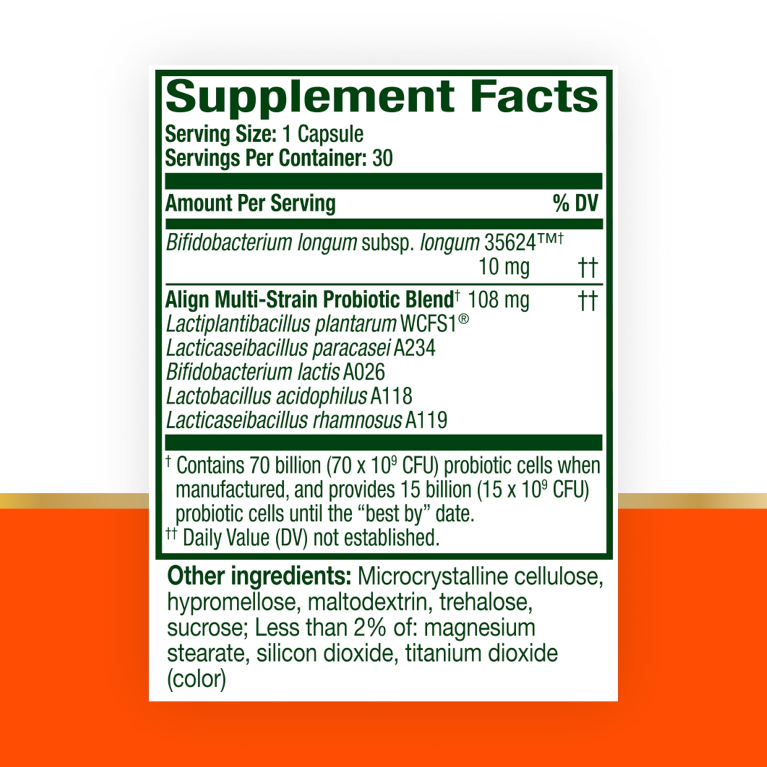 Align Probiotic, 70 Billion CFU, 6 Strain Blend, Probiotics for Women and Men, Daily Probiotics for Digestive Health, Helps Relieve Occasional Bloating & Gas 30 Capsules