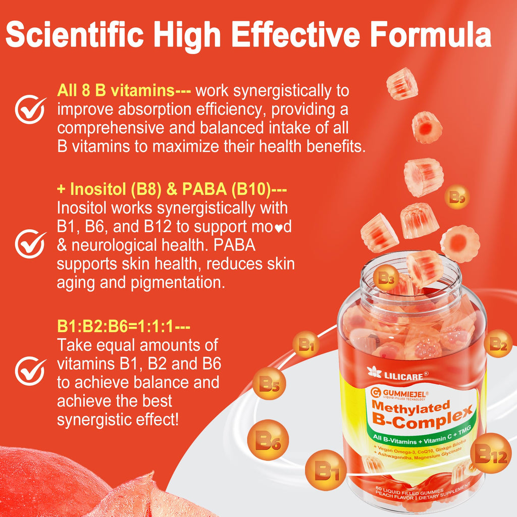 Super Vitamin B Complex Filled Gummies for Women Men, Methylated w/Omega 3 | Magnesium, CoQ10, Ashwagandha, Vitamin C, TMG -All B - B1, B2, B3, B5, B6,B7,B9,Methyl B12, Inositol, PABA, Sugar Free, 2Pack