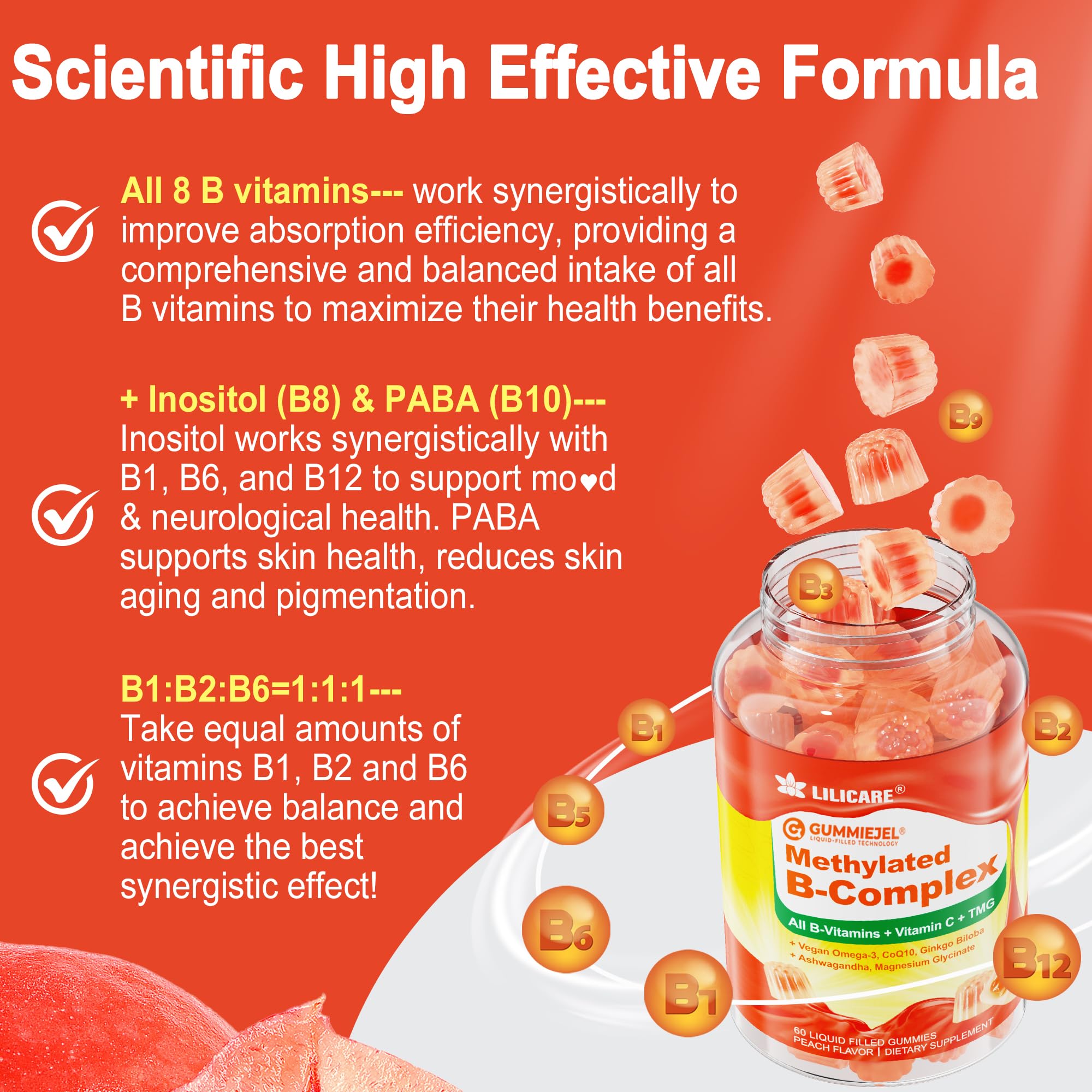 Super Vitamin B Complex Filled Gummies for Women Men, Methylated w/Omega 3 | Magnesium, CoQ10, Ashwagandha, Vitamin C, TMG -All B - B1, B2, B3, B5, B6,B7,B9,Methyl B12, Inositol, PABA, Sugar Free, 2Pack