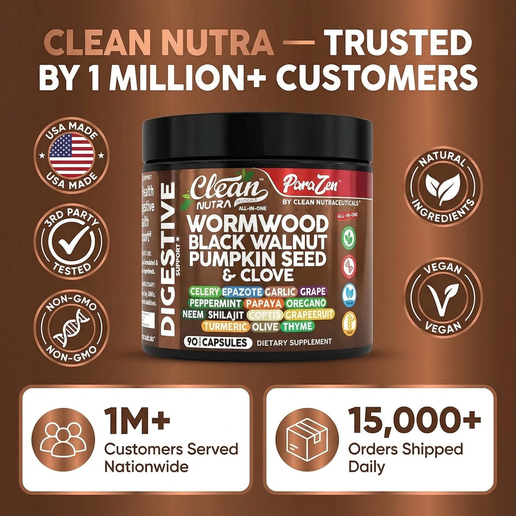 Clean Nutra Wormwood Black Walnut Pumpkin Seed Clove Oil Celery Garlic Grape Papaya Neem Diatomaceous Earth Womens Probiotic Gut Health Cleanse Detox Oregano Olive Turmeric Supplement Vegan Capsules
