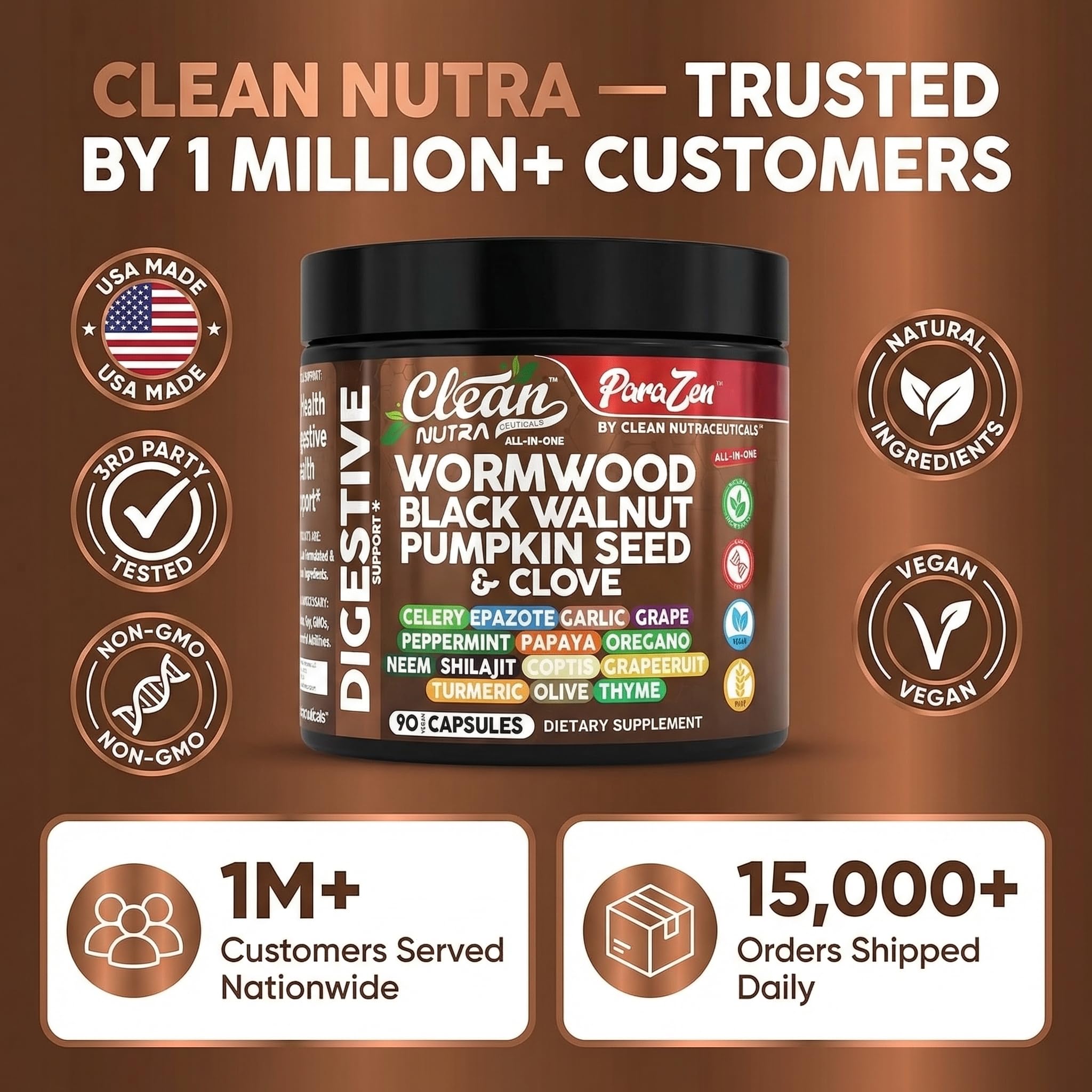 Clean Nutra Wormwood Black Walnut Pumpkin Seed Clove Oil Celery Garlic Grape Papaya Neem Diatomaceous Earth Womens Probiotic Gut Health Cleanse Detox Oregano Olive Turmeric Supplement Vegan Capsules