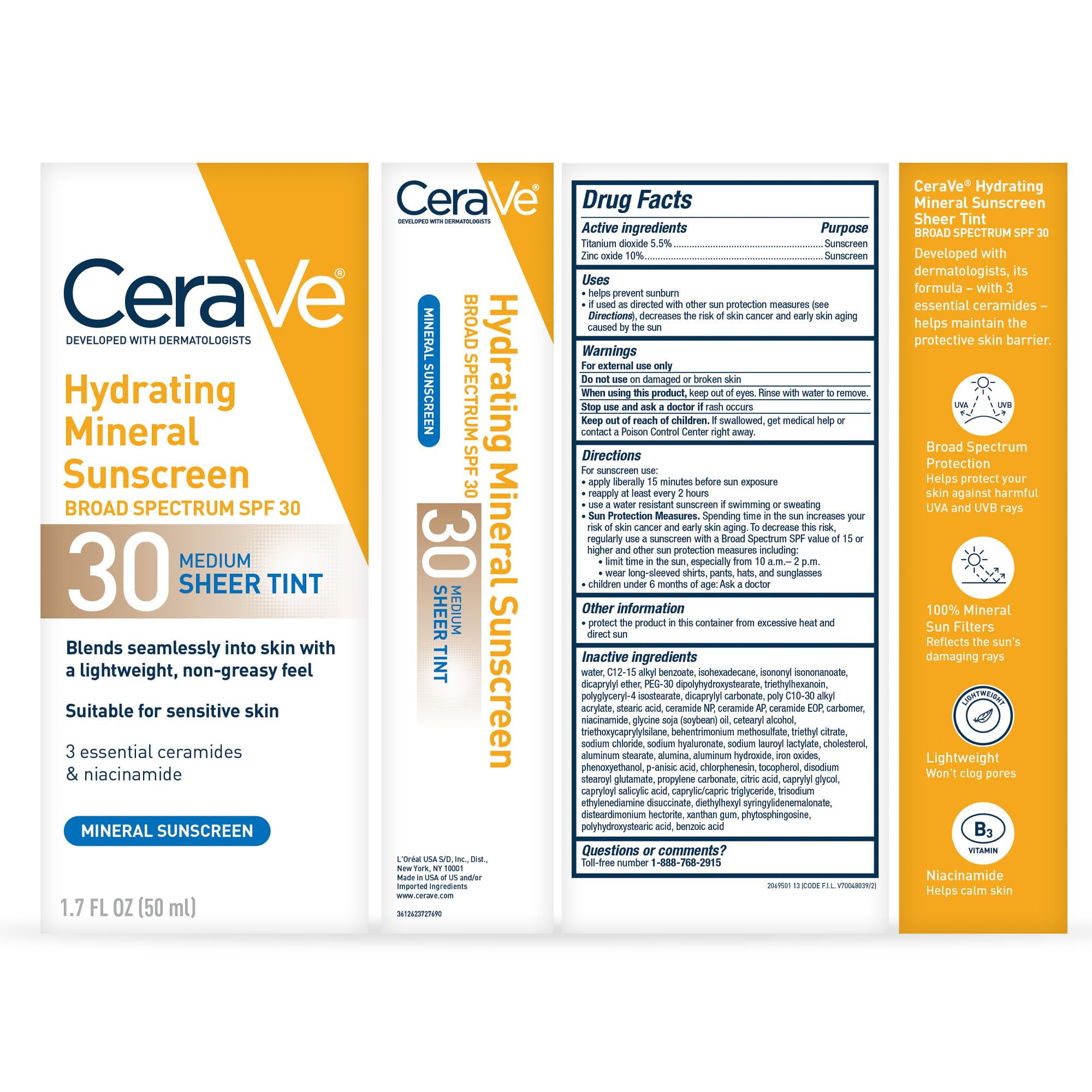 CeraVe Tinted Sunscreen for Face, Mineral SPF 30 Moisturizer, Medium, 1.7oz | Skin Care, Face Sunscreen, Hyaluronic Acid, Zinc Oxide, Titanium Dioxide, Sheer Tint, Healthy Glow, Blends Seamlessly