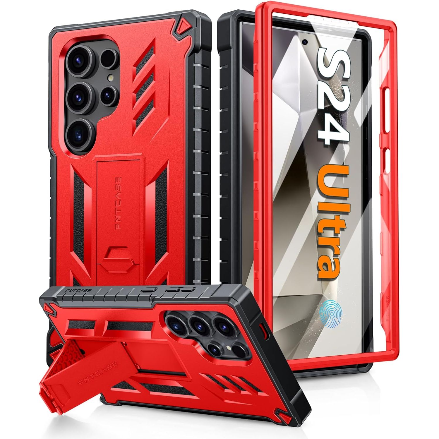 Buy now FNTCASE for Samsung Galaxy S24-Ultra Case: Military Grade Drop Proof Protection Cases with Kickstand | Shockproof Rugged Hard Phonecase Heavy Duty Matte Textured Protective Cover - 6.8 Inch Black Red at indiglob india