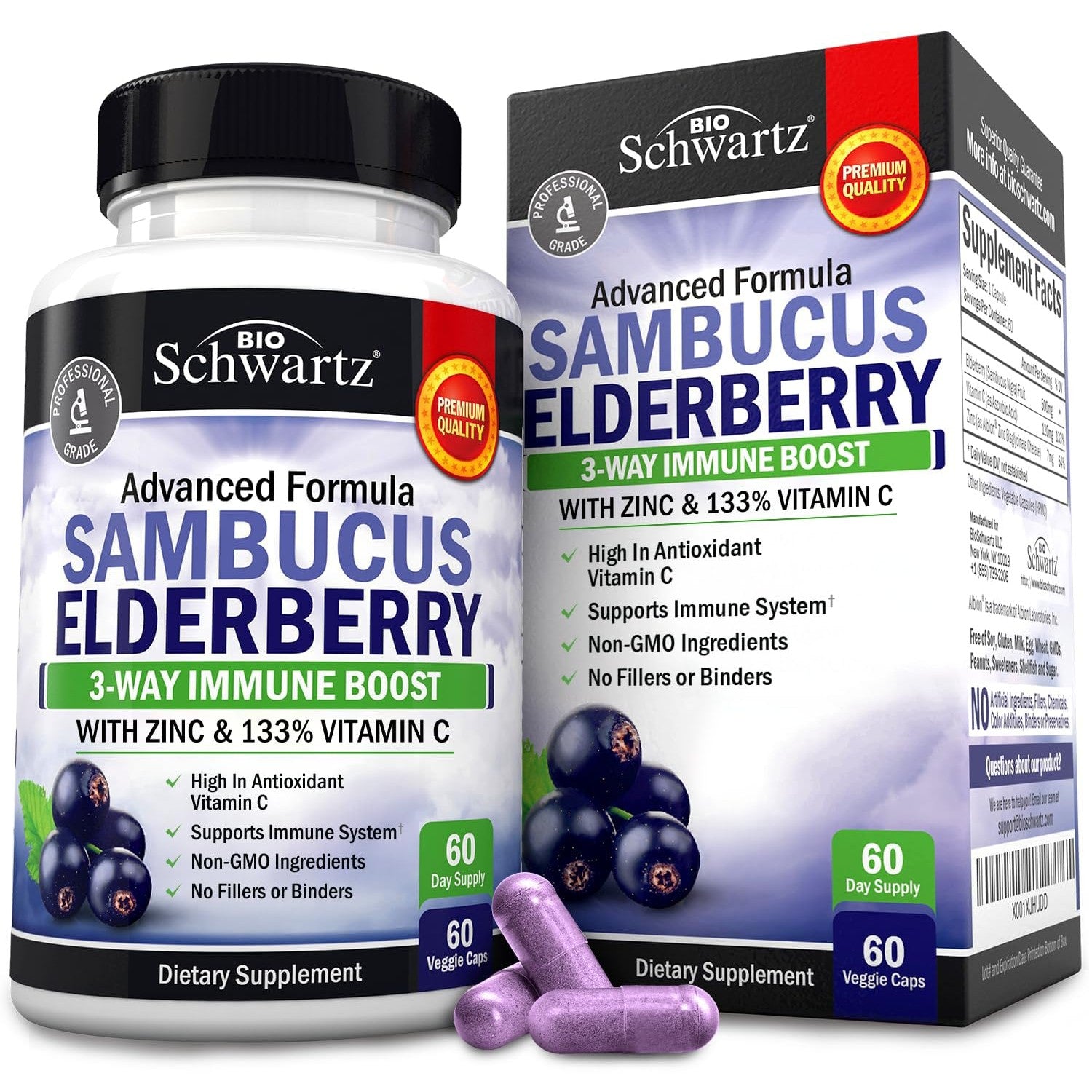 Elderberry Capsules with Zinc and Vitamin C for Adults, 120 Count | Immune Support Supplement for Women and Men, Black Sambucus Elderberry with Vitamin C and Zinc, Immune Defense Multiminerals