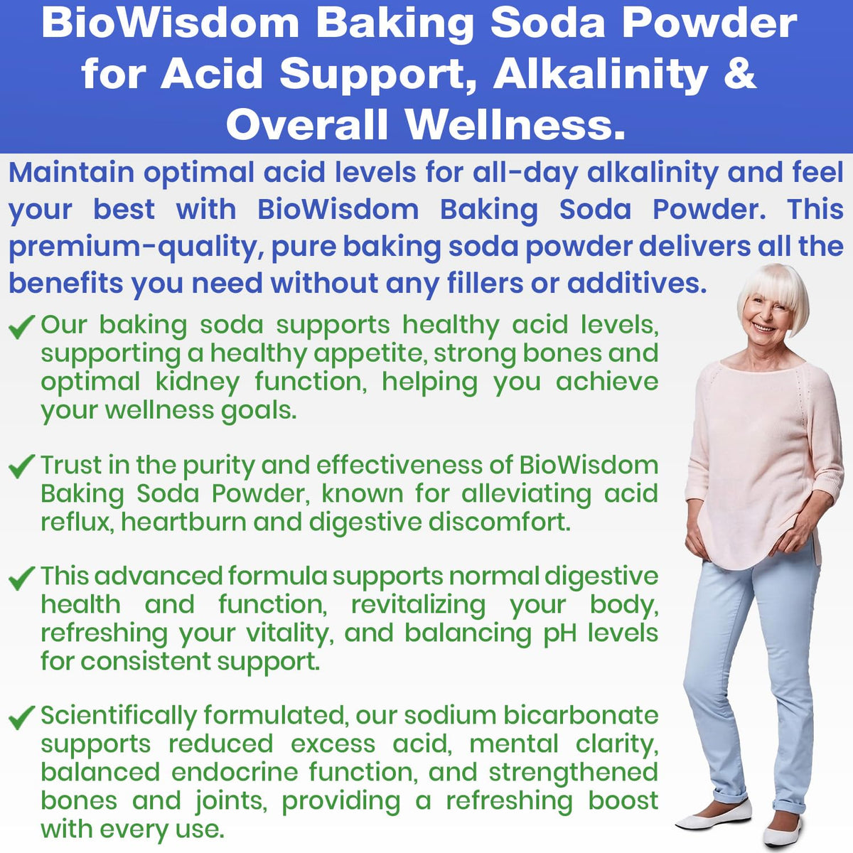 Baking Soda Powder for Organic Use, Grade 1 Aluminum Free Baking Soda, Natural No Chemicals, Pure Powder for Cooking, Stomach Acid, Kidney Supplement, 1lb