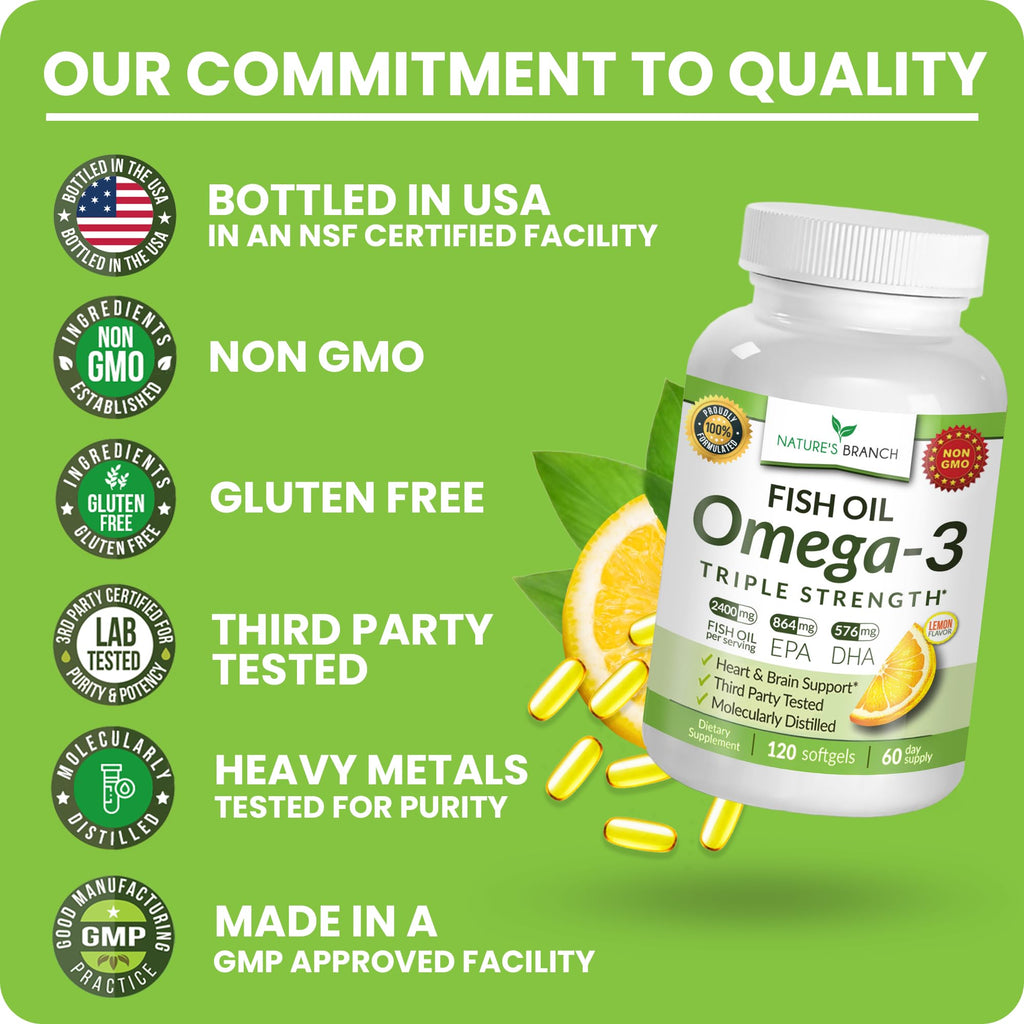 Triple Strength Omega 3 Fish Oil for Heart Health, Brain & Eyes – Burpless | High EPA & DHA Fish Oil for Men & Women, Lemon Flavor, Third Party Tested, Omega 3 Supplements for Joints – 120 Capsules