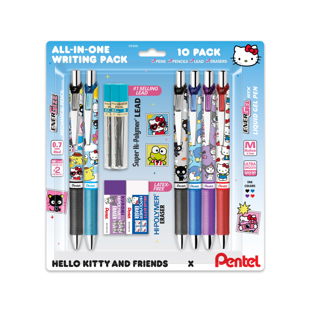 Pentel Writing Essentials 10 Pack, Hello Kitty® and Friends, Limited Edition, 4 EnerGel 0.7mm gel pens, 2 EnerGize 0.7mm pencils, 2 bock erasers, and 2 refill leads