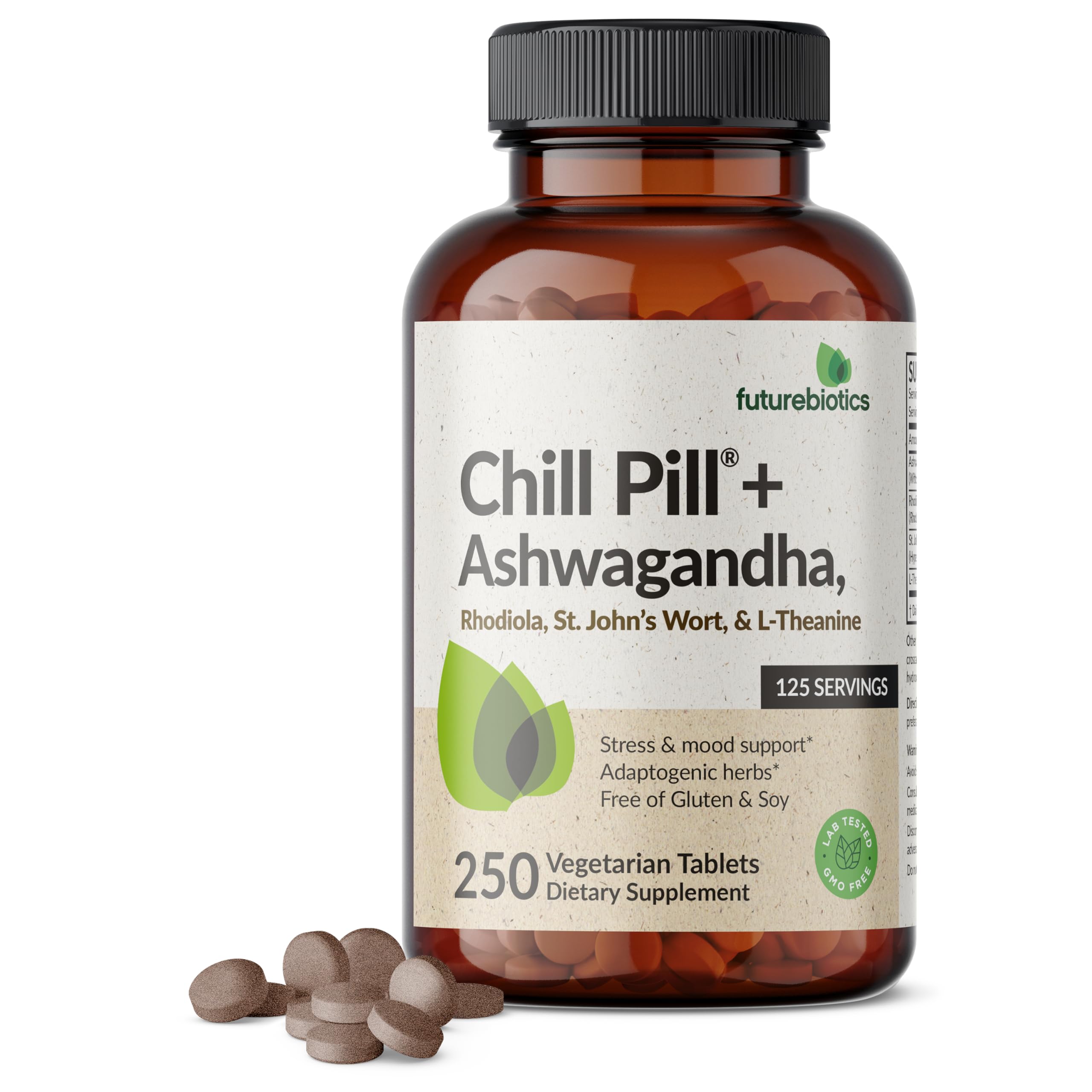 Futurebiotics Chill Pill + Ashwagandha, Stress & Mood Support, 120 Tablets | Advanced Calming Formula: Ashwagandha, Rhodiola, St. John's Wort & L-Theanine, Vegan, Non-GMO, Gluten-Free & Soy-Free