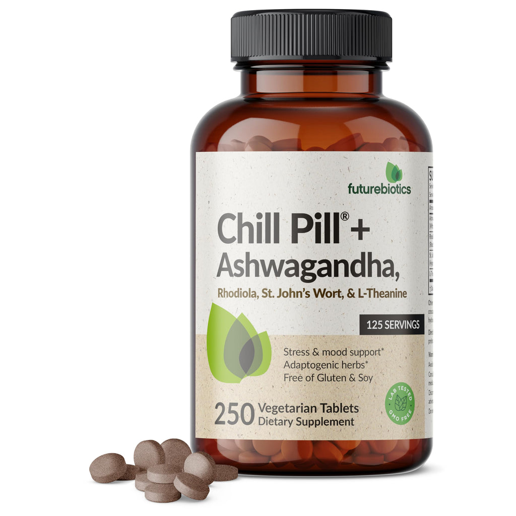 Futurebiotics Chill Pill + Ashwagandha, Stress & Mood Support, 120 Tablets | Advanced Calming Formula: Ashwagandha, Rhodiola, St. John's Wort & L-Theanine, Vegan, Non-GMO, Gluten-Free & Soy-Free